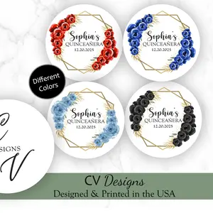 2 Inches Quinceanera/Sweet Sixteen Floral Stickers - Red/Blue/LightBlue/Black