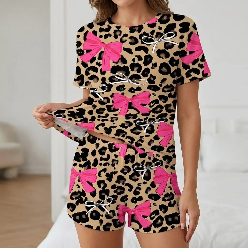 Women's 2-Piece Cute Leopard Print Pajama Set - Short-Sleeve Knitted Bow Decor Top, Elastic-Waist Above-Knee Pants, Soft Elegant Nightwear for Spring Loungewear, Shortsleeve, Elegance, Lady, Waist Pants