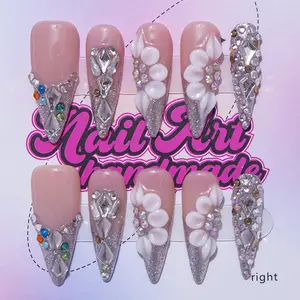 Delicatething Y2K Style Acrylic Nails Set, Long Sharp Shape, Handmade with Silver Color Glitter and Multicolor Gems, Perfect Gift for Women, Stylish Acrylic Nails, Glittering Fake Nails, Nail Art