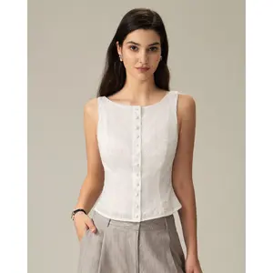 White Textured Boat Neck Button Vest