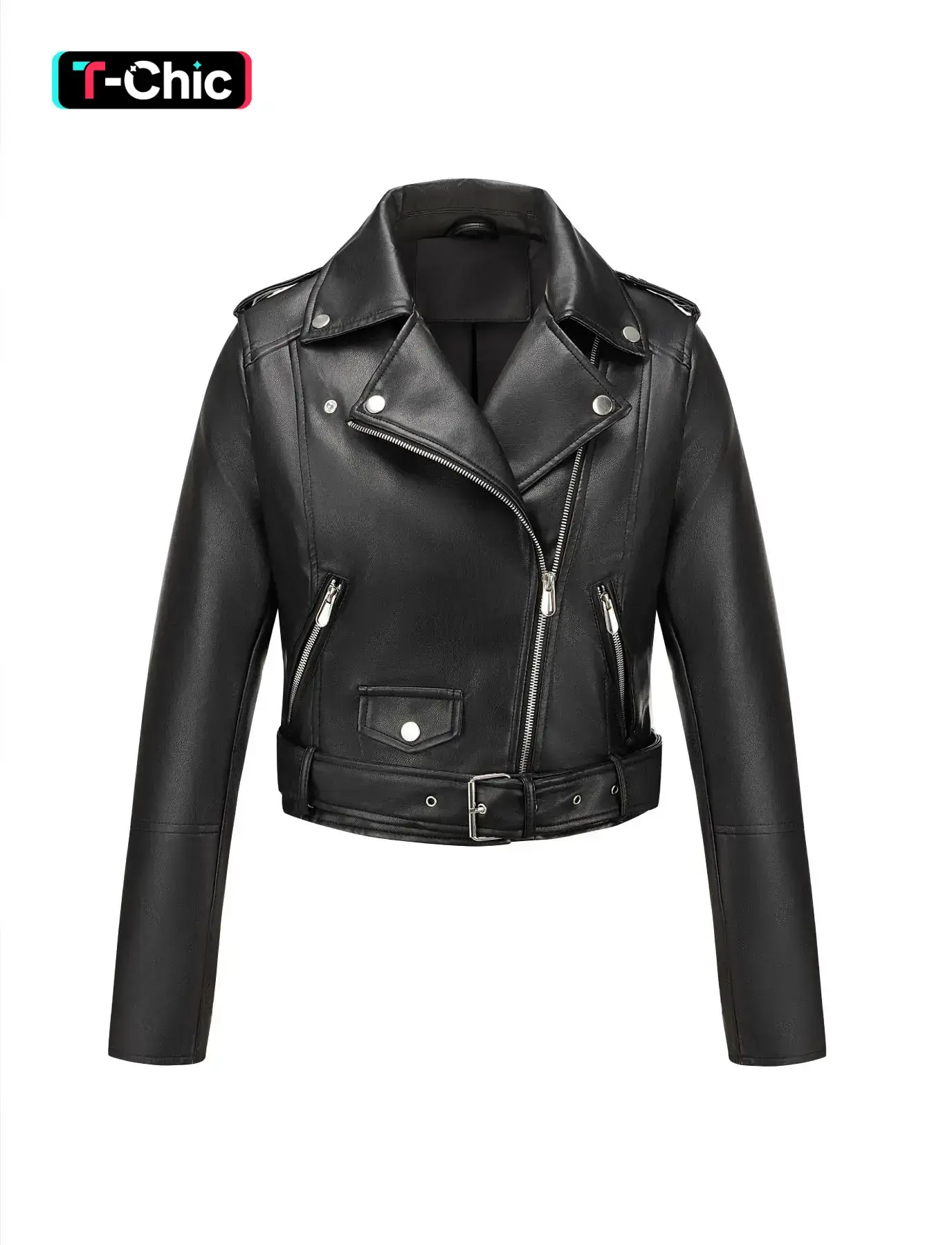 Women's Lady Spring Jacket Vintage Street Fashion Outerwear PU Coat, Fall Winter Basic Casual Long Sleeve Faux Leather Stand Collar Zipper Short Fitted Motorcycle Jacket with Belt