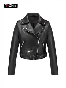 Women's Lady Spring Jacket Vintage Street PU Coat, Fall Winter Basic Casual Long Sleeve Faux Leather Stand Collar Zipper Short Fitted Motorcycle Jacket with Belt