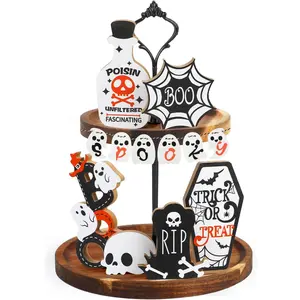 Halloween Tiered Tray Decoration, 12 Pcs Halloween Wooden Signs Haunted House Party Farmhouse Rustic Tiered Tray Decor for Home Table Houseroom