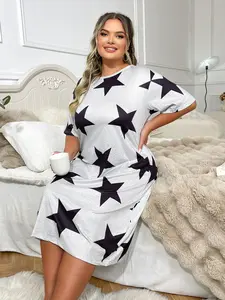 Women's Plus Size Star Print Casual Fitted Simple Short Sleeve Long Dress Sleepwear Loungewear, Ultra Comfortable Soft Skin-Friendly Wearable Nightgown