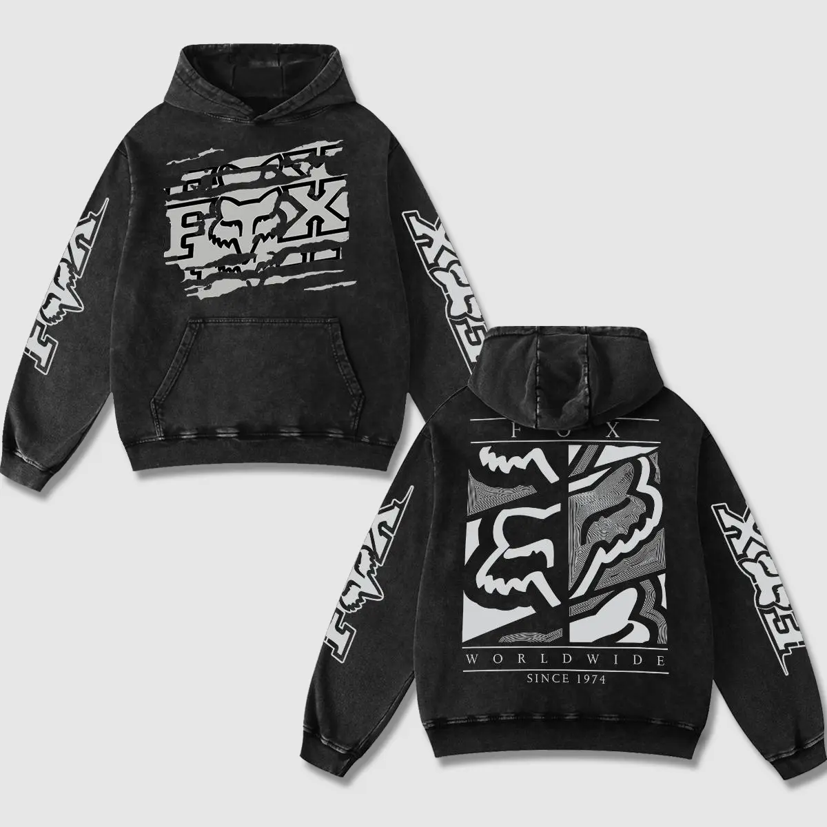 Retro Fox Racing World Wide Washed Hoodie Motor World Champion Enthusiast Apparel Streetwear Racing Team Super Motorsports Clothing Motobike Riders Supermotor Off-Road Dirt Bike Fan Gear Cotton For Motor Fan