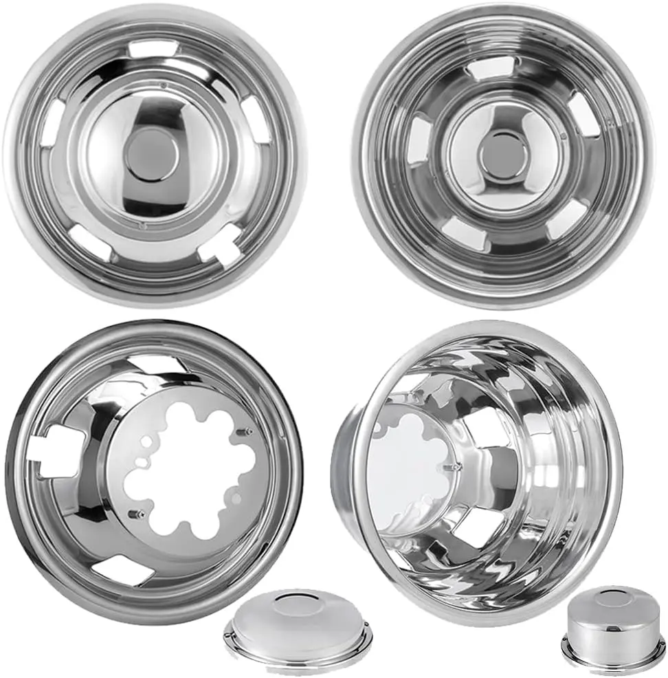 17" 8-Lug Polished Stainless Steel Dually Wheel Simulators - Screw-On Hubcaps with Polished Look, Removable Cap for 2003-2018 Dodge Ram 3500 Trucks, 17 Inch Rims