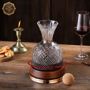 Rotating Wine Decanter with Wooden Base – 360° Spinning Wine Aerator for Fast Oxygenation, Crystal Clear Wine Carafe Decanter for Red Wine, Elegant Wine Decanter Set & Gift Choice Utensils Gold