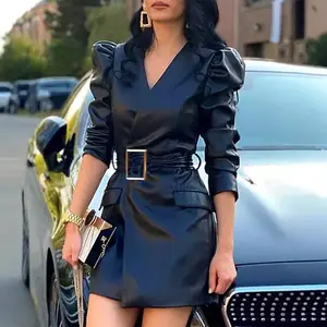 Women's Belted V-Neck Puff Sleeve Faux Leather Dress