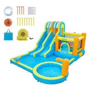 16 ft Inflatable Water Slide Park, 9 in 1 Kids Water Bounce House with 2 Racing Slides, Climbing Wall,Trampoline, Splash Pool, Basketball Hoop, Blow Up Water Slides for Backyard, Outdoor,Kids 3-12