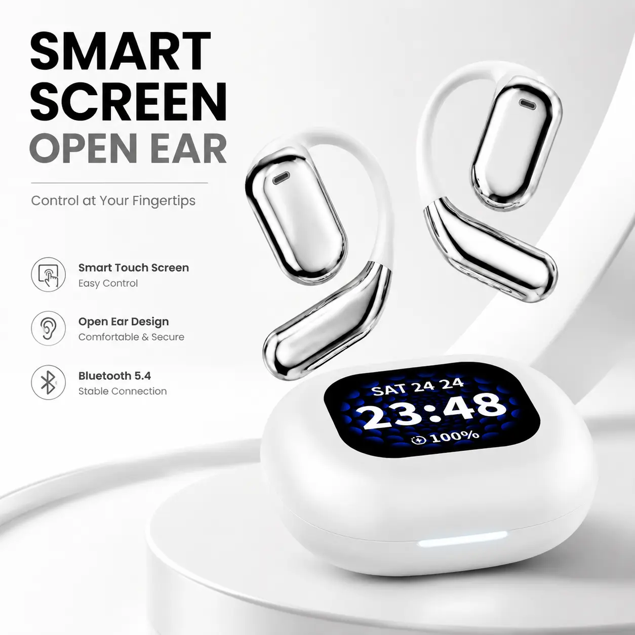 Smart Screen Open Ear Earbuds Bluetooth 5.4, Touch Display Case, Deep Bass, 32H Battery, IPX5 Waterproof
