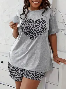 Plus Size Women's Pajama Set, Spring Summer Loose Casual Plaid Leopard Heart Top and Short Pants, Easter Birthday Gift, 2-Piece Home Wear Loungewear Nightwear