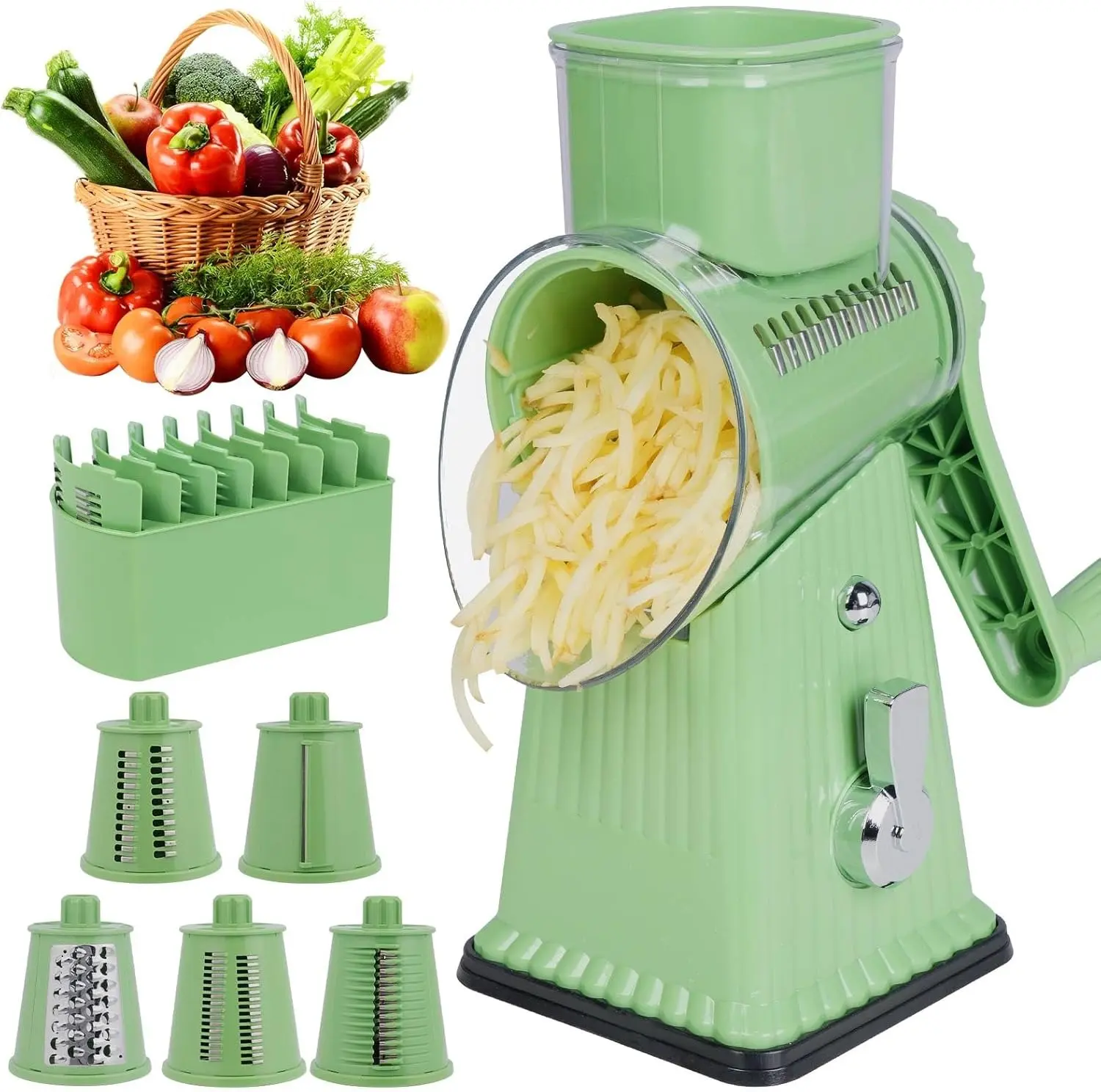 5-in-1 Rotary Cheese Grater, Manual Vegetable Slicer with Suction Base for Cheese, Potato, Salad & Nuts