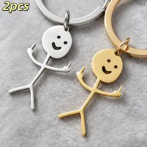 Funny Middle Finger Stick Figure Keychain, Cute Doodle Man Stainless Steel Key Ring, Trendy Minimalist Anti‑Tarnish Pendant Key Holder, Versatile Novelty Car Bag Accessories for Daily Gift Party Street Wear