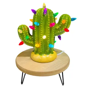 Brush Strokes Pottery Small Lighted Ceramic Cactus Tree  - decorative home decor vintage Christmas trees