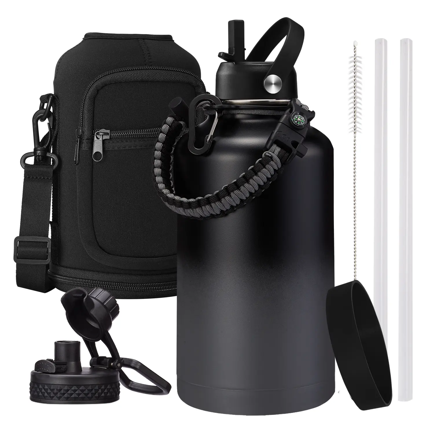 1 Gal 128oz Stainless Steel Sports Water Bottle, 18/8 Food Grade Triple Wall Thermo Jug with Straw Handle Lid, Keeps Cold 48H & Hot 24H, Black Drinkware Flask