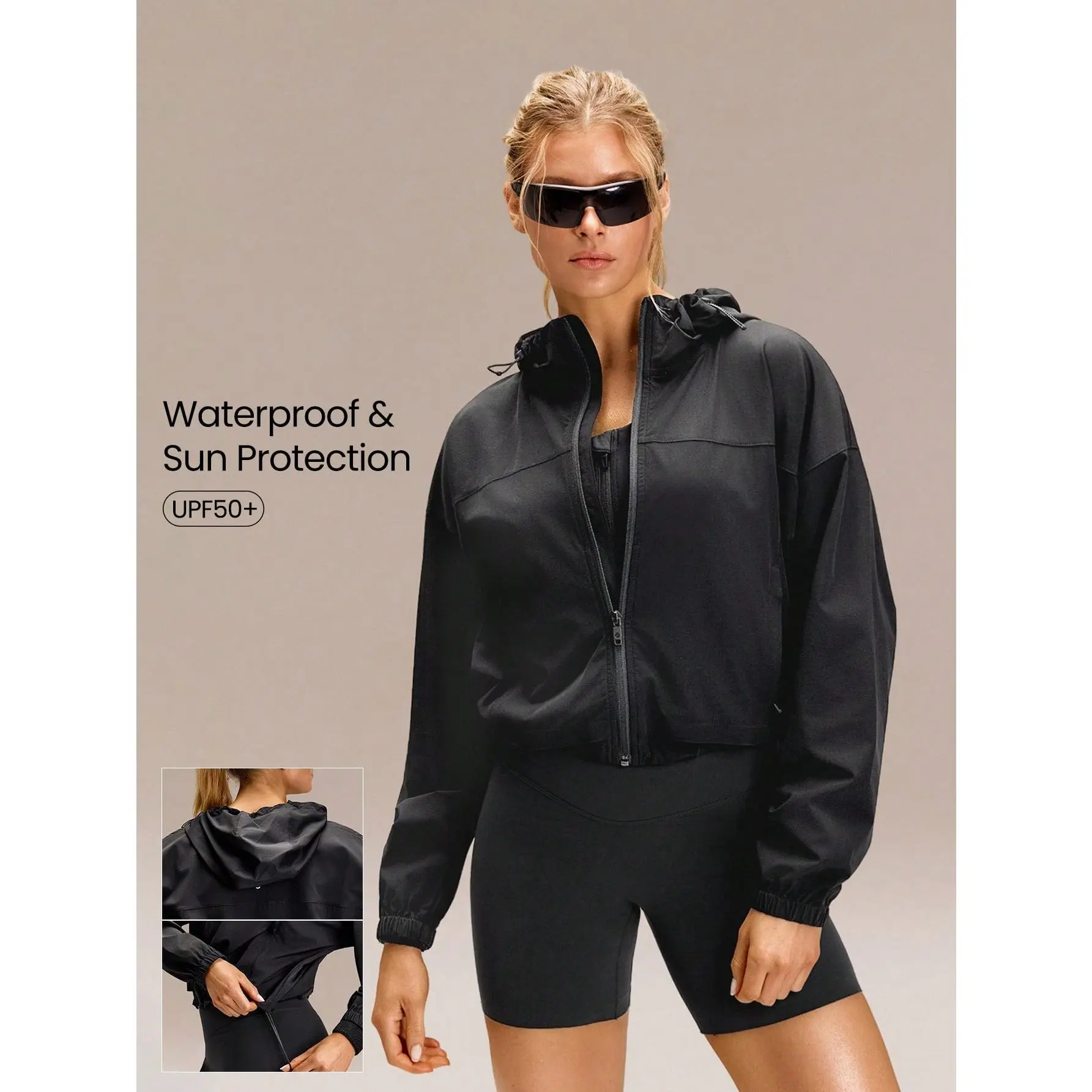 GLOWMODE Steady Strides Waist-Length Sunproof Water-Resistant Drawstring Side Pockets Relaxed Fit Zip-Up Packable Hoodie Travel Running Jogging Outdoor Workout Gym Daily Active Wear