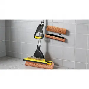 Adjustable Sponge Mop with 2 Sponge Heads, 42.5-52 in Handle, Built-in Squeegee & Easy Wring Design for Tile & Bathroom Cleaning (Household & Commercial Use) SURE