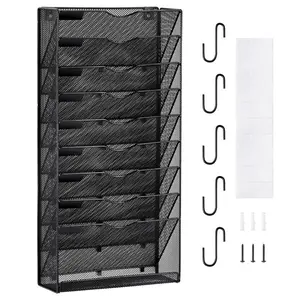 VEVOR File Wall Rack, One-Piece 10 Pockets Mesh Wall File Holder, Wall Mounted Magazine Mail Paper Document Storage Folder, Metal Wall File Organizer with Nametag Label, for Office Home School