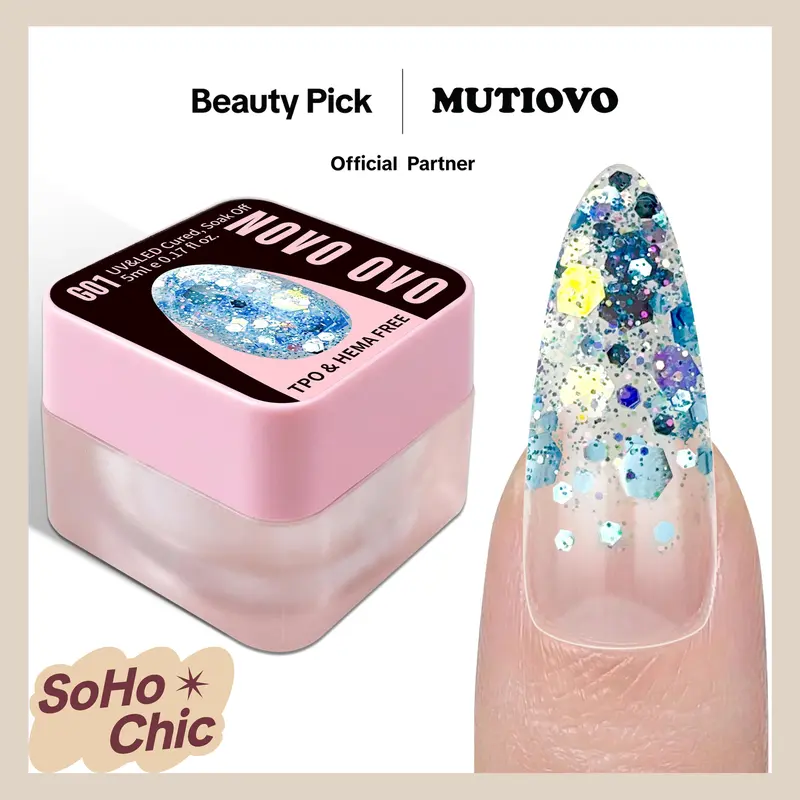 NOVO OVO Oceanic Mist Chunky Shimmer Glitter Gel Polish Bottle - 5ml TPO&HEMA-Free Anti-Allergic Resin, Chic DIY Chip-Resistant Iridescent Sequined Flakes Nail Art Kit, Fragrance-Free Soak-Off UV Cured Varnish, Evening Party Nails Supplies Gift