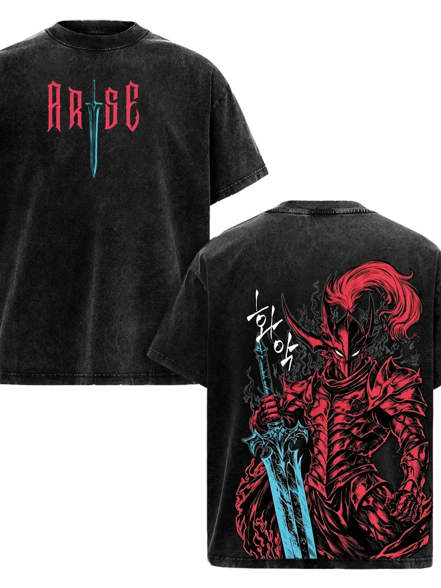 Men's Igris Retro Oversized Washed Heavy Cotton Short-Sleeve Round Neck T-Shirt - Solo Leveling Shadow Knight Art, Commander Print, Silent Blade Theme, Breathable Machine Washable Unisex Anime Fan Streetwear Gift, Shortsleeve, Casual