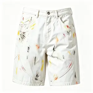 White Washed Paint Splatter Denim Shorts for Men Loose Fit Streetwear Casual Summer Jeans