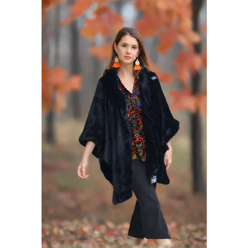 Victoria Leland Fuzzy Kimono Cape Poncho - Black