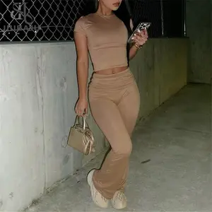 Women 2 Piece Sets Fold-over Pants Set Long Sleeve Crop Top Casual Outfits Slim Fit Match Suit