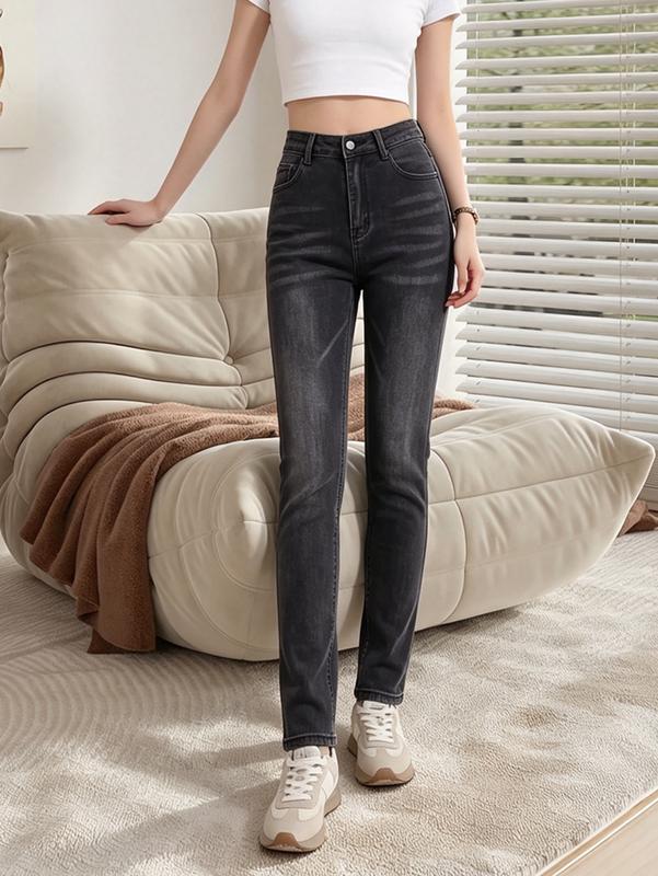Women's Dark Gray High-Waisted Cotton Blend Jeans - Classic Fit, Slim Fit, Washed Look, Back Pockets for Everyday Wear