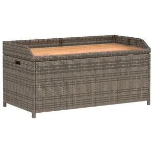 vidaXL Patio Storage Bench, Bench Seat with Gas Spring Lid, Outdoor Storage Box for Cushion Towel, Gray Poly Rattan and Acacia Wood 365950