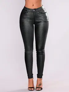 Women's Punk High Waist PU Leather Pants, Crocodile Print, Slant Pockets, Slim Fit Ankle Pants, Party & Music Festival Wear