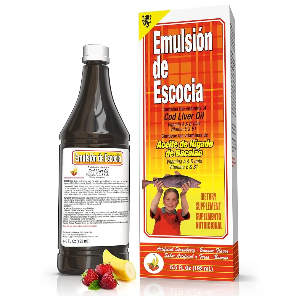 Emulsion de Escocia Natural Iron-Rich Cod Liver Fish Oil Liquid Emulsion Dietary Supplement, 6.5 Oz, Strawberry/Banana Flavor, Brain Health Support, Omegas Vitamins Supplements, US-Sold Nutrition Aid