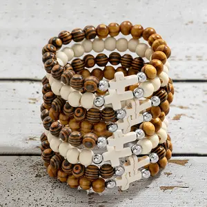 [Vintage Turquoise Bracelets] 8 Vintage Turquoise Wooden Bead Bracelets | Stylish Cross Pattern for Men | Perfect Couple's Wristbands, Holiday Gifts, High Quality Bracelet