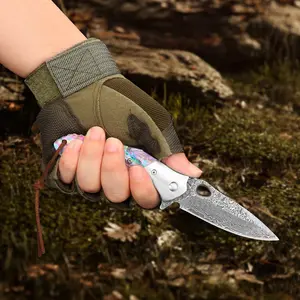 Damascus Steel Folding Knife with Abalone Shell Handle, Multi-Use for Camping & BBQ