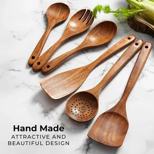 6-Piece Wooden Kitchen Utensil Set, Kitchen Utensils Gadgets, Natural Cooking Tools Including Turner, Slotted Spoon, and Ladle, Ideal for Non-Stick Cooking at Home