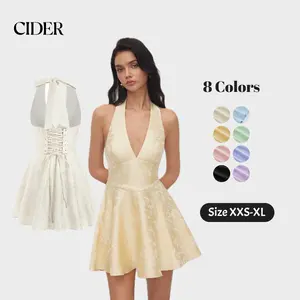 Cider Jacquard Sculptural Halter V-neck Lace Up Backless Ruffle Mini Dress