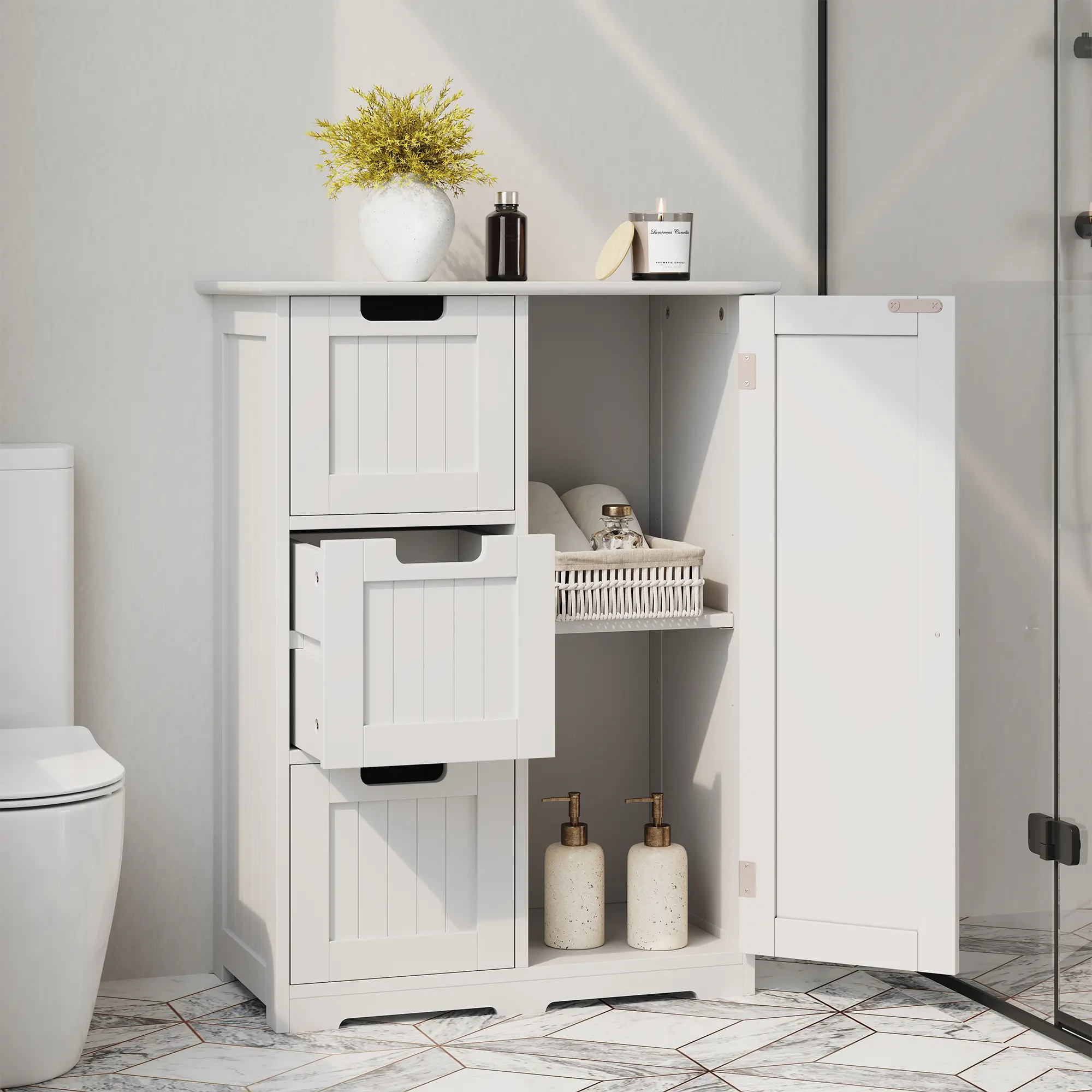 Sweetcrispy Modern White Wooden Floor Sideboard - Door-Enclosed Indoor Drawer Dresser Cabinet with Adjustable Shelves, Freestanding Apartment Entryway Decor Accent Furniture