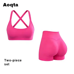 Aoqta Two-Piece Sporty Tracksuit Set - Hot Pink Racerback Bra & High Waist Shorts, Soft Elastic Fitness Outfits for Yoga, Workout, Indoor & Outdoor Activities,Women's Racerback Bra + High Waist Shorts, Breathable Gym Outfit