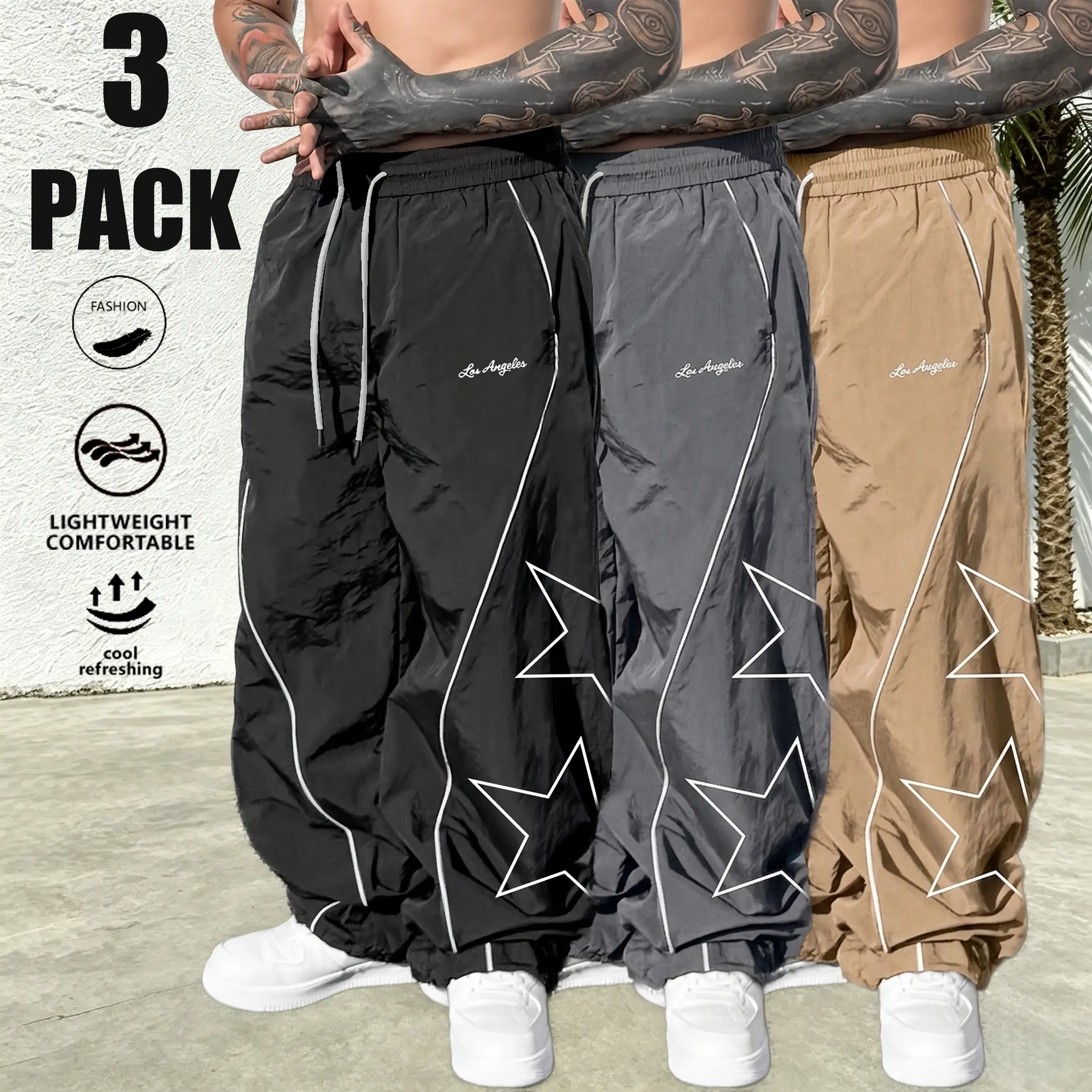 Men’s 3-Pack High-Street Menswear Fashion Softshell Pants - Polyester, Drawstring, White Side Stripes, Star Print, Hip-Hop Trend, Outdoors Versatile Casual Long Pants with Drapey Floor-Length Fit, Graphic, Clothes, Hip-Hop Casual, Sporty Chic, Casual Draw