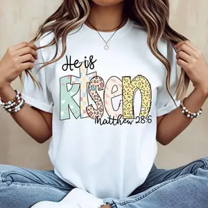 Women's He Is Risen Matthew 28:6 T-Shirt, Christian Graphic Short Sleeve Top in Heavyweight Cotton, Casual Loose Fit for Easter and Spring, Shortsleeve