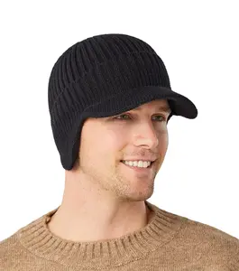 Men's Winter Visor Beanie Hat with Earflaps - Fleece-Lined Knit Baseball Cap for Skiing and Hunting