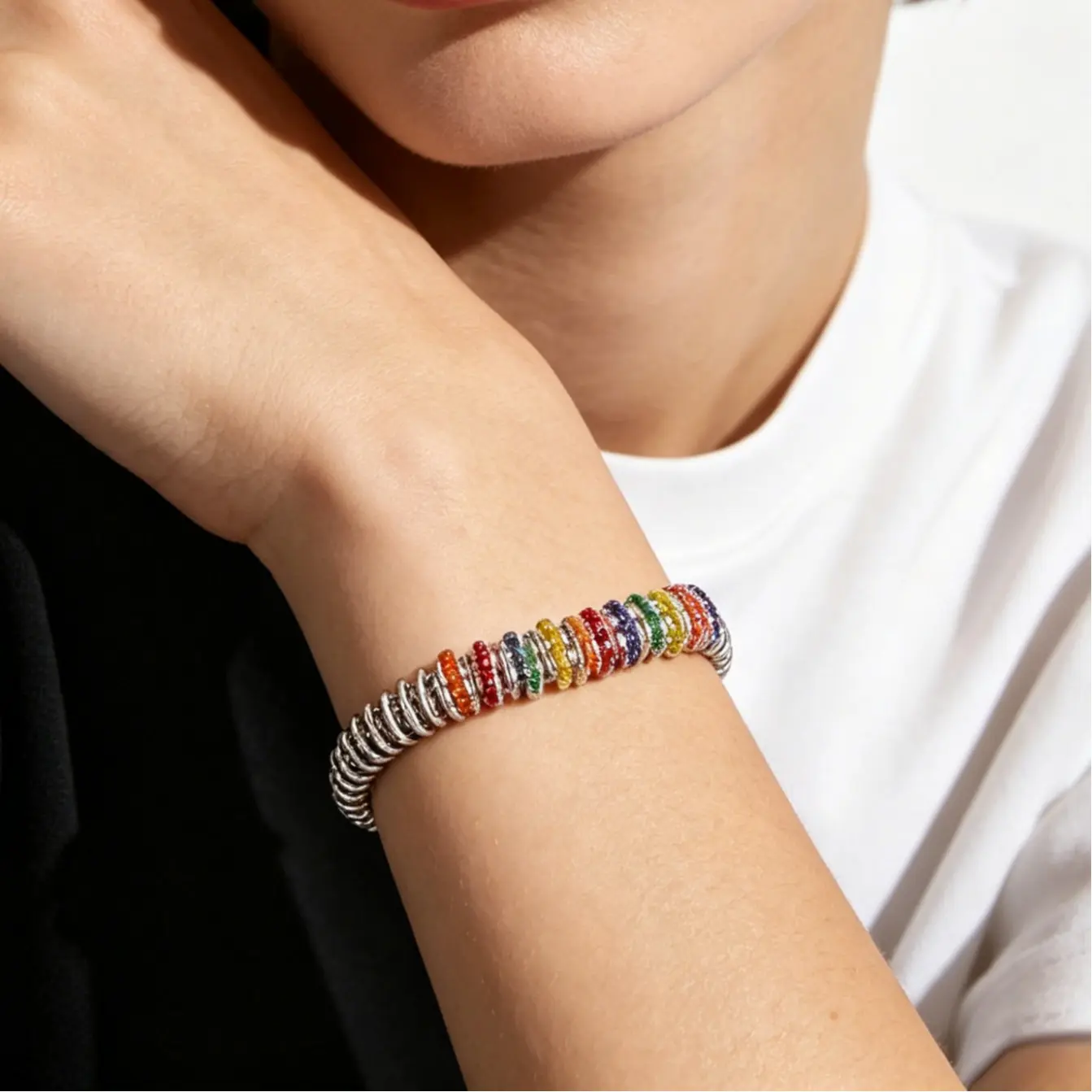 Women's Rainbow Silver Metal Bracelet - Fashionable Creative Bangle, Female Arm Candy Accessories, Bracelets for Women for Everyday Wear & Casual Outfits, Daily, Casual Costume Jewelry, Bling Effect, Colorful Bands, Rhinestones