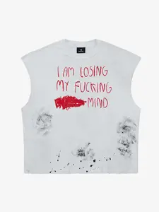 Grunge Slogan Print Distressed Raw Hem Sleeveless T-Shirt