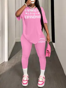 Printed pattern Women's Tee & Skinny Pants Two-Piece Set, Casual Fashion Cozy Round Neck Short Sleeve T-Shirt & Trousers for Everyday Outdoor Wear, Ladies Summer Clothes