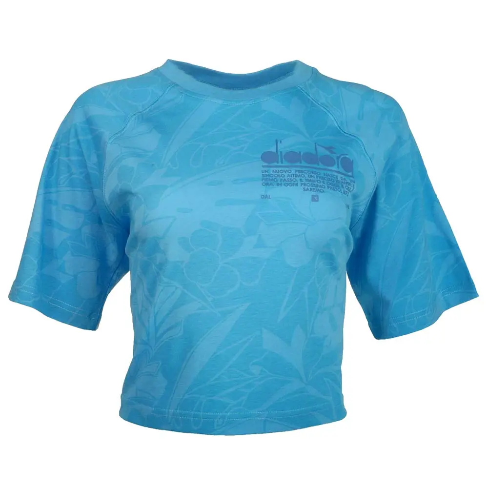 diadora Womens Manifesto Cropped Floral Crew Neck Short Sleeve Casual Tops Casual - Blue