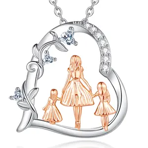 Eudora 925 Sterling Silver Mother and Daughter Heart Pendant Necklace Rose Gold Family Love Jewelry Gift for Mom Women Grandmother