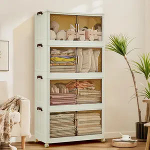 GAOMON 192QT Stackable Storage Bins, Folding Storage Box with Magnetic Doors & Wheels, Loset Organizers and Storage with Lids, Collapsible Plastic Drawers for Bedroom Kitchen Office, White