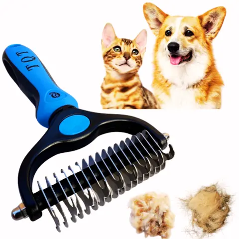 TQT Pet Grooming Brush - Double Sided Shedding and Dematting Undercoat Rake Comb for Dogs and Cats, No More Nasty Shedding or Flying Hair