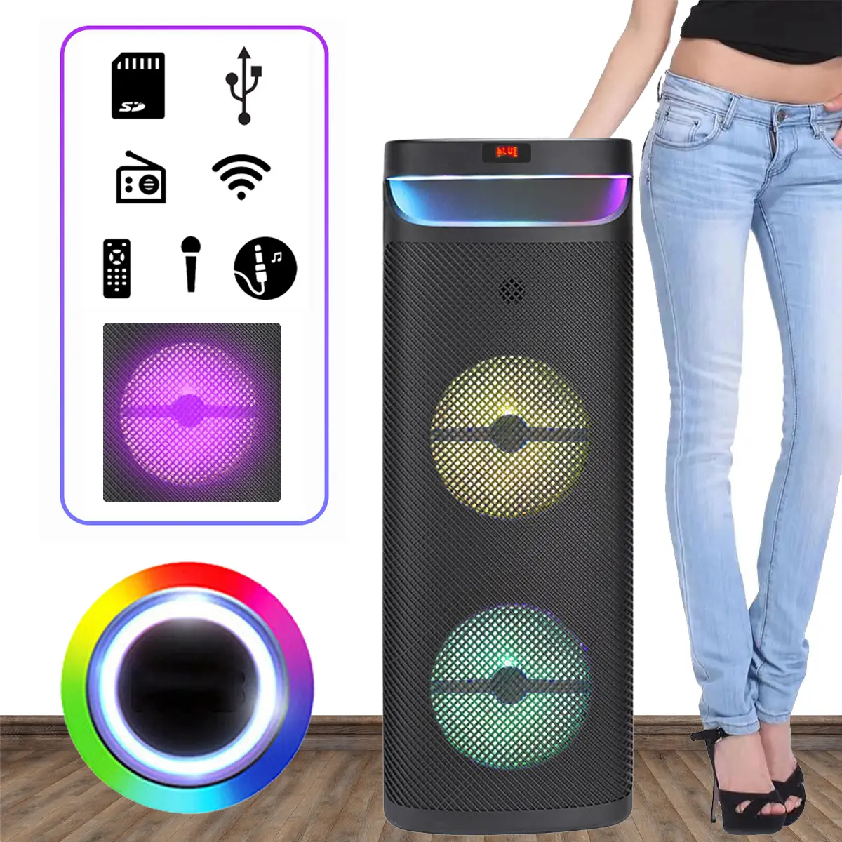 Dazone Dual 10" Woofer Portable PA System - Bluetooth Party Audio Speaker with Microphone, Subwoofer, Lights, Card, Remote Control, Streaming, Smartphone & Tablet Device Compatibility