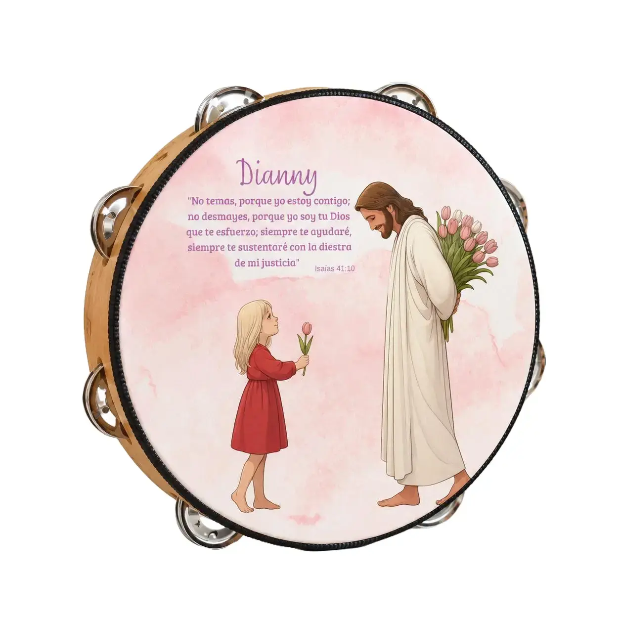 Premium Wood Percussion Tambourine with Isiah 41:10 Design, Synthetic Leather, Non-Slip Grip, and Metal Cymbals