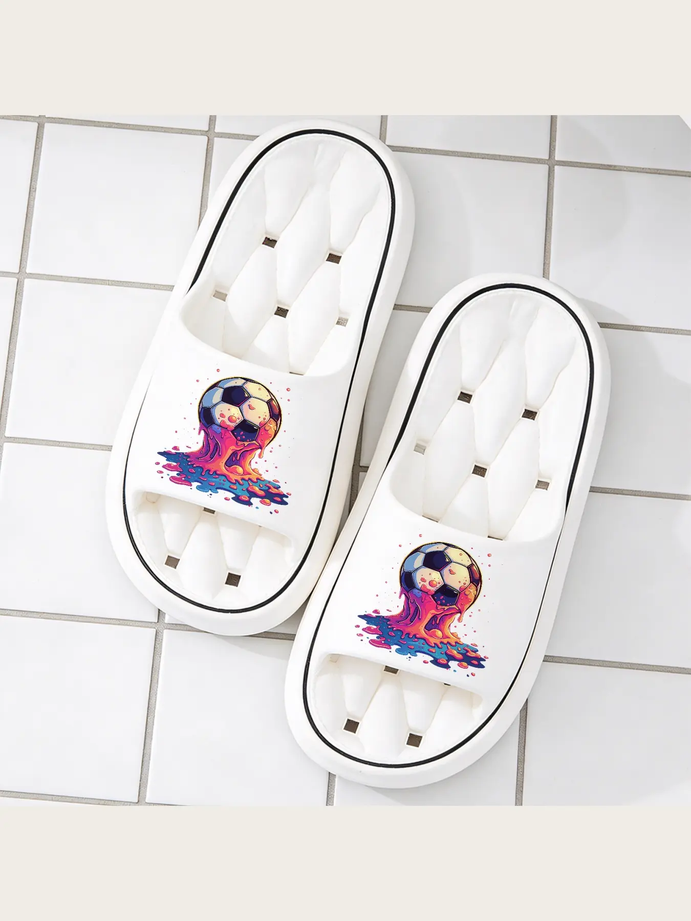 Melting Graffiti Soccer Ball Slides for Men Women, Casual Non-Slip Soft Sole Open Toe Slippers, Trendy Neon Drippy Art Football Pattern Lightweight Indoor Outdoor Shower Shoes, Unique Sport Themed Comfortable Slip-on House Slipper